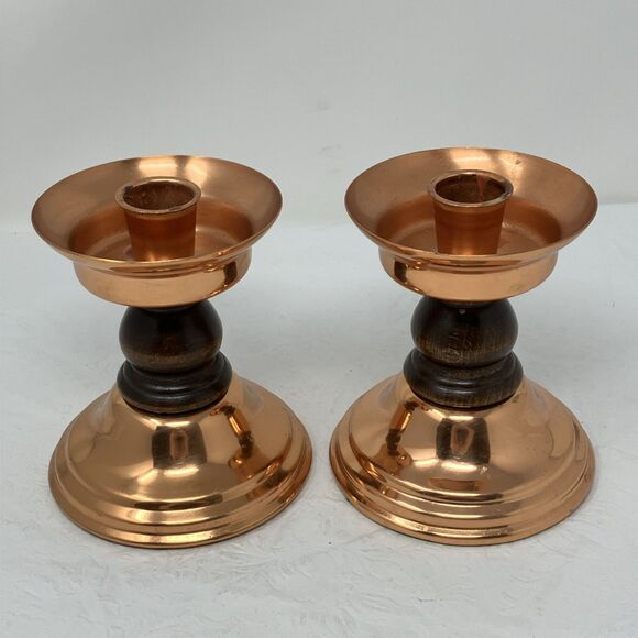 2 CopperCraft Guild Copper & Wood Taper Candle Holders Made in USA Vintage MCM - Picture 1 of 11